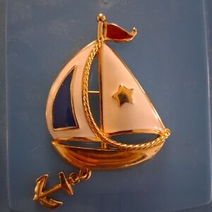 Vintage Avon Enamel Sailboat Brooch Anchor Gold Tone